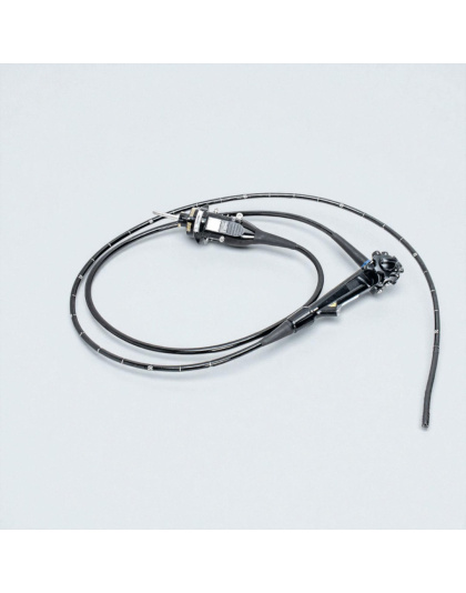 Displays the slim insertion tube and ergonomic control section designed for precise maneuverability. Front View of the Olympus EVIS EXERA III PCF-H190L