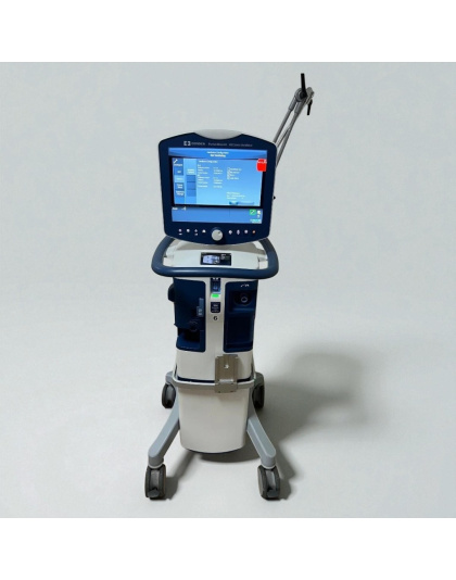 PB 980 Ventilator touchscreen interface showing real-time pressure and flow waveforms with ventilation parameters