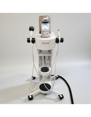 EMS AIRFLOW Prophylaxis Master dental unit on wheeled stand with dual handpieces, powder chamber, and water reservoir for professional tooth cleaning.
