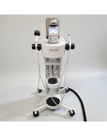 EMS AIRFLOW Prophylaxis Master dental unit on wheeled stand with dual handpieces, powder chamber, and water reservoir for professional tooth cleaning.