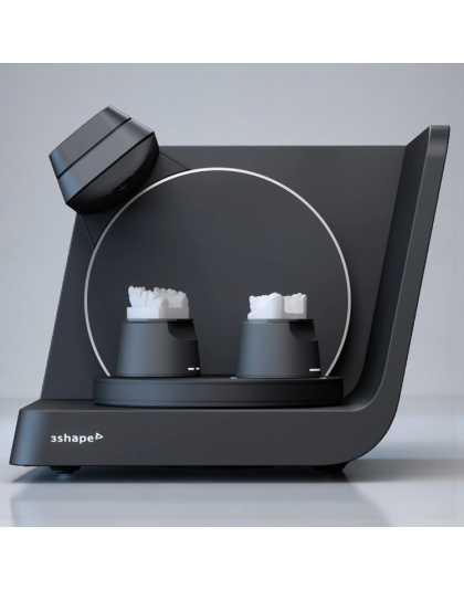 3Shape F8 dental lab scanner with two dental models positioned on the turntable platform